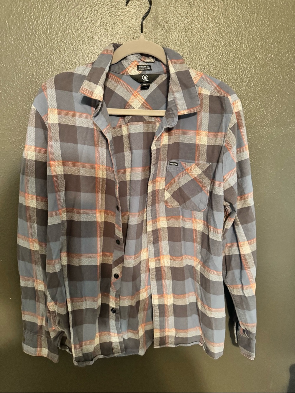 Volcom Modern Fit Plaid Shirt in Blue, Gray & Brown